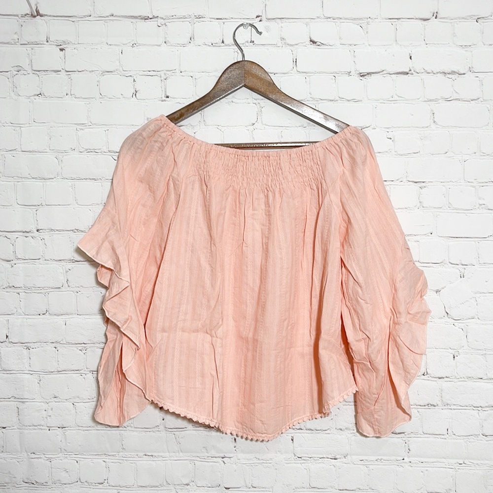 Peach Off-shoulder Top with Layered Cape Sleeves